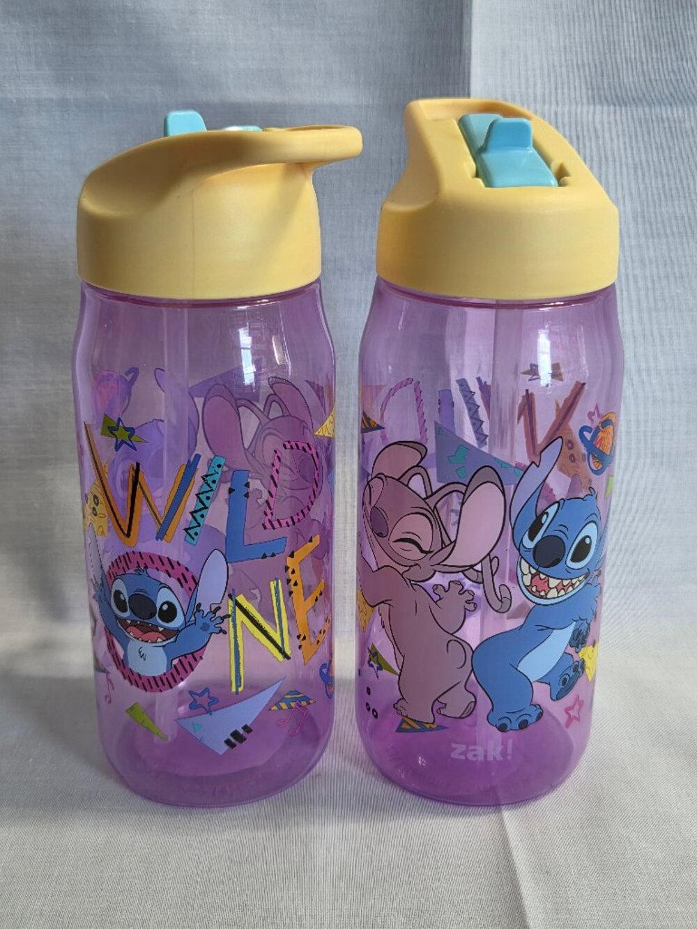 Lot 2 Disney Lio & STITCH Kids Travel Water BOTTLES plaDrink Lid Straws Zak Cups